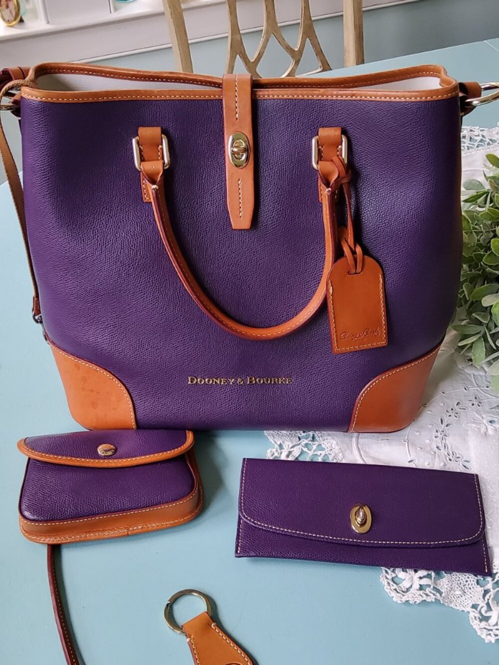 Dooney & Bourke Large Dover Tote in Purple + Pouch+ Wallet + Key Holder